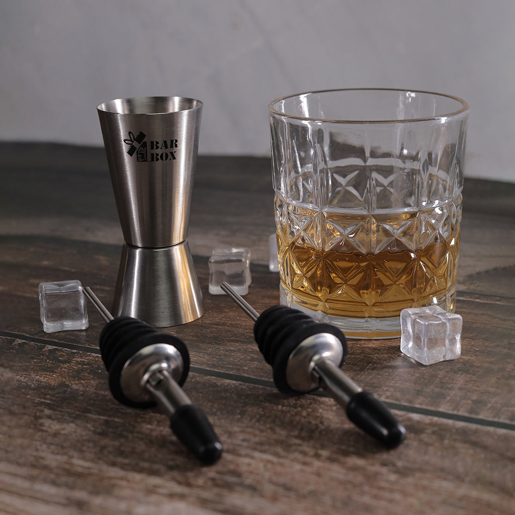 Bar Box Double Side Stainless Steel jigger, Drink Measuring Bar Tool Jigger with Bottle Pourer: 3 Pcs Set