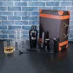 Bar Box Portable bar Set for Drinks Home with 4 Set of Whiskey Glass, Brown Leatherette bar kit with Black Matte bar Accessories and Cocktail Shaker Set