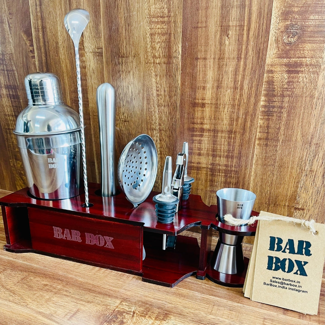 Cocktail Shaker Set with Boat shaped display stand (Mahogany) Bar Box