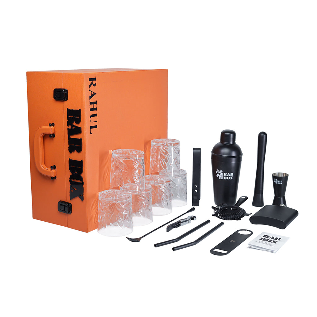 Bar Box Premium Travel Cocktail Bar Set 13 Piece Portable Bar Box Bartender Kit with Hip Flask,Cocktail Shaker Set and 6 Drink Glasses (Orange - Black Matte)