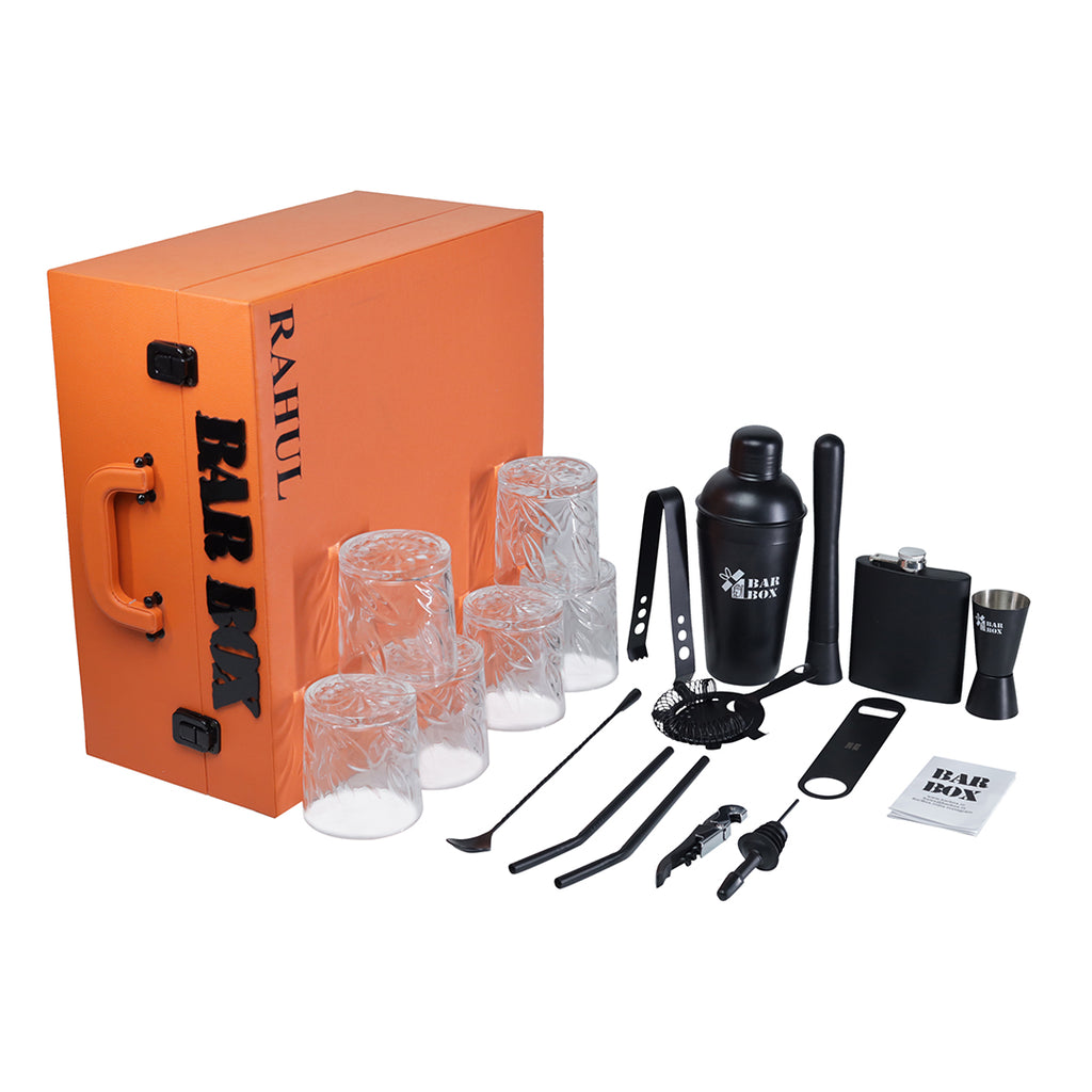 Bar Box Premium Travel Cocktail Bar Set 13 Piece Portable Bar Box Bartender Kit with Hip Flask,Cocktail Shaker Set and 6 Drink Glasses (Orange - Black Matte)