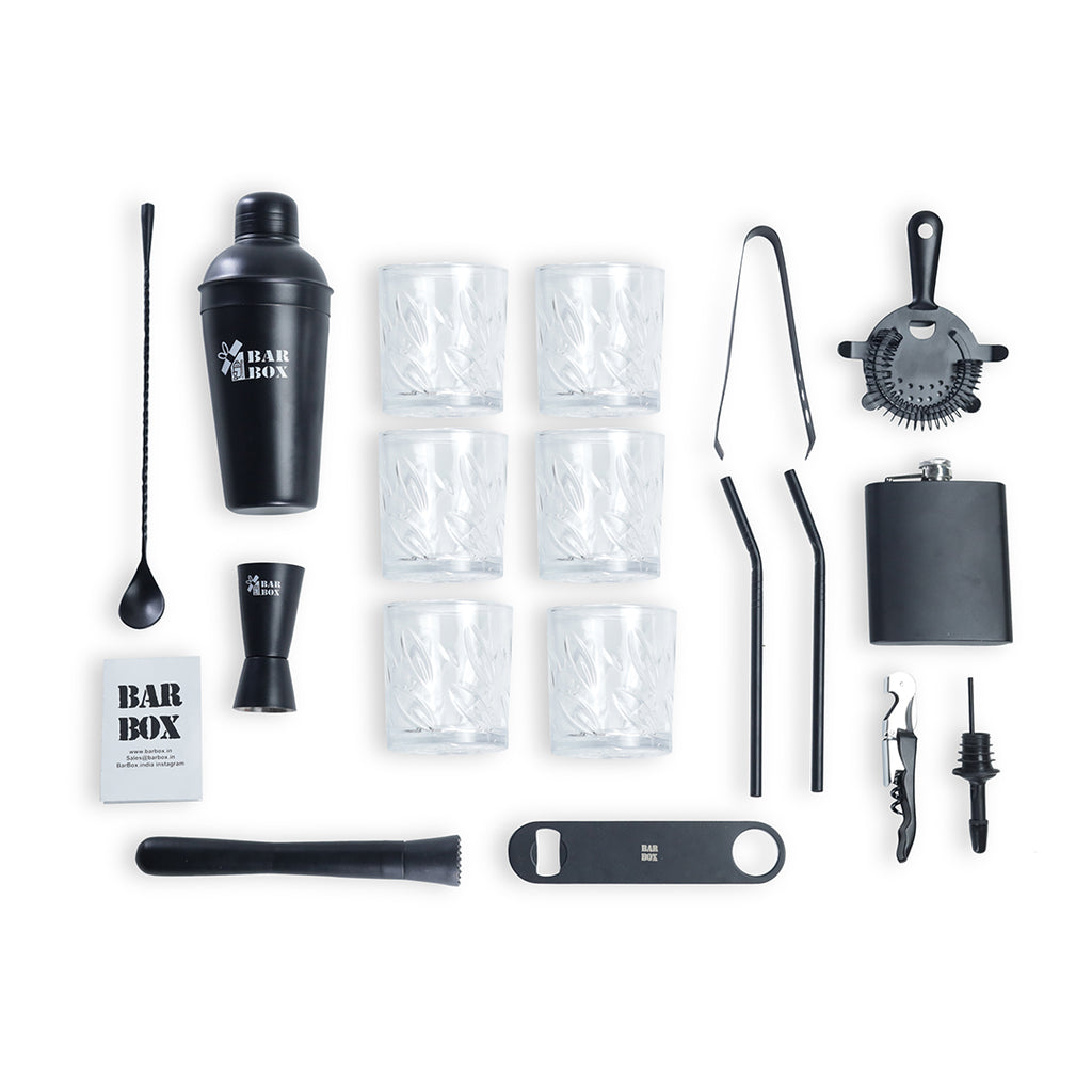 Bar Box Premium Travel Cocktail Bar Set 13 Piece Portable Bar Box Bartender Kit with Hip Flask,Cocktail Shaker Set and 6 Drink Glasses (Orange - Black Matte)