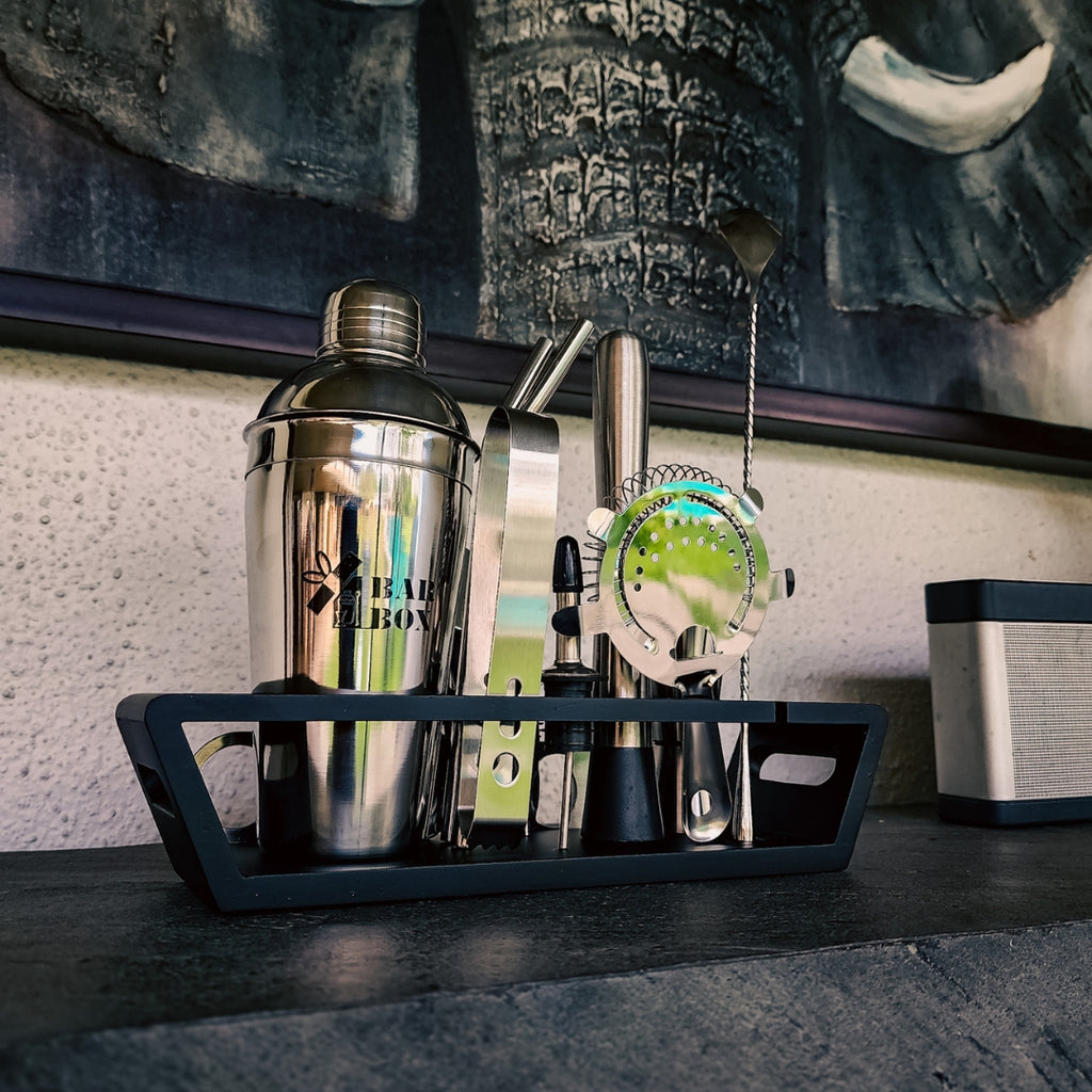 14-Piece Bar Set with Stylish Wooden Display Stand (Stainless Steel Black)