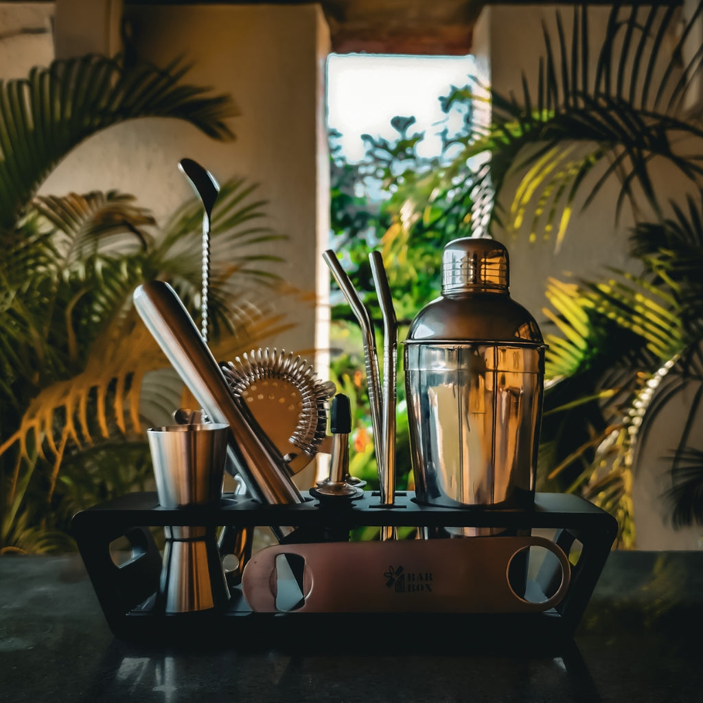 14-Piece Bar Set with Stylish Wooden Display Stand (Stainless Steel Black)