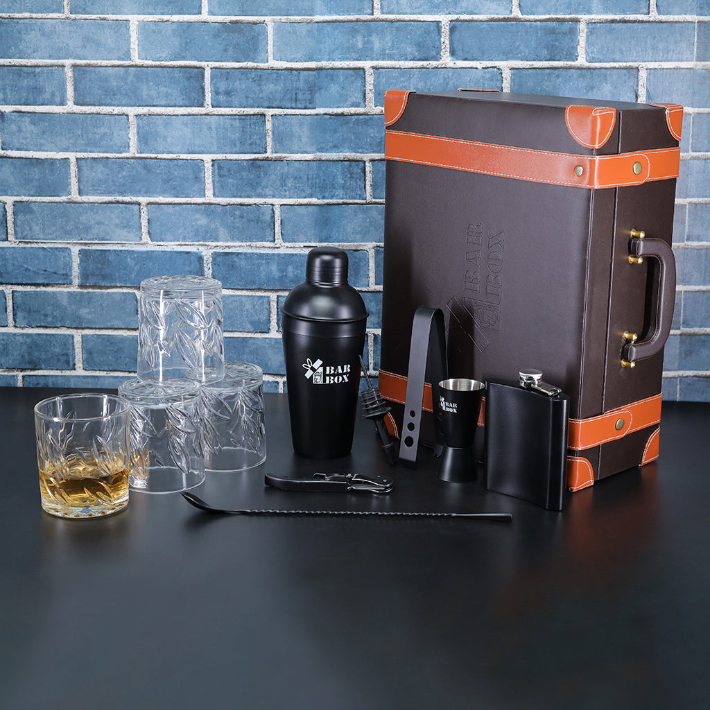 Bar Box Portable bar Set for Drinks Home with 4 Set of Whiskey Glass, Brown Leatherette bar kit with Black Matte bar Accessories and Cocktail Shaker Set