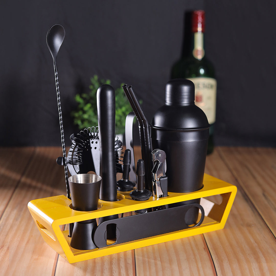 14-Piece Bar Set with Stylish Wooden Display Stand (Black Matte)