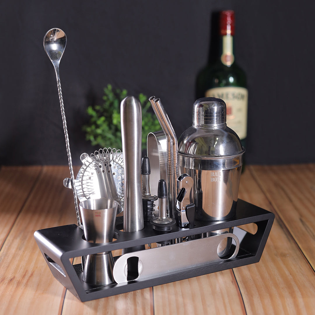 14-Piece Bar Set with Stylish Wooden Display Stand (Stainless