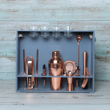 BarBox Home Bar Kit with Military Grey Wall-mount Stand (19-Pcs)(Rose Gold)
