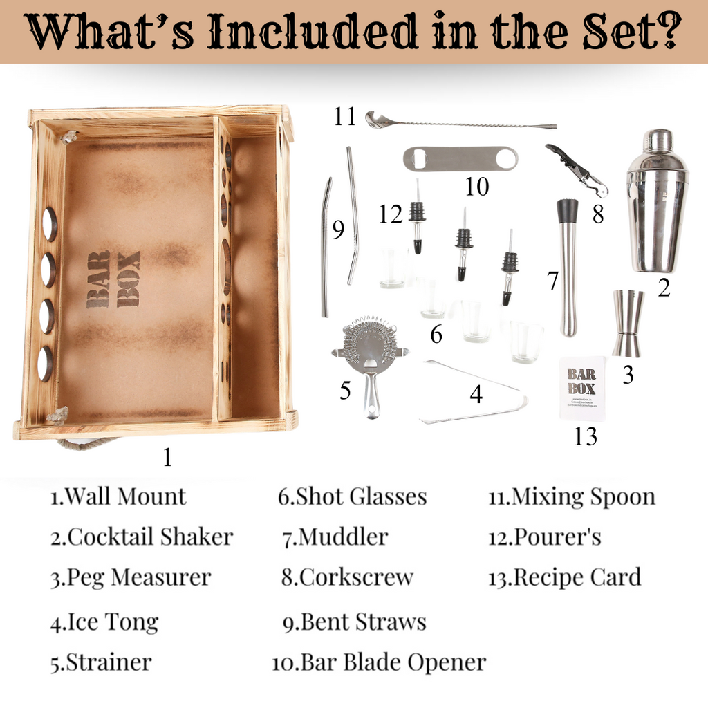 Bar Box Home Bar with Rustic Wood Wall-mount Stand (19-Pcs)(Silver)