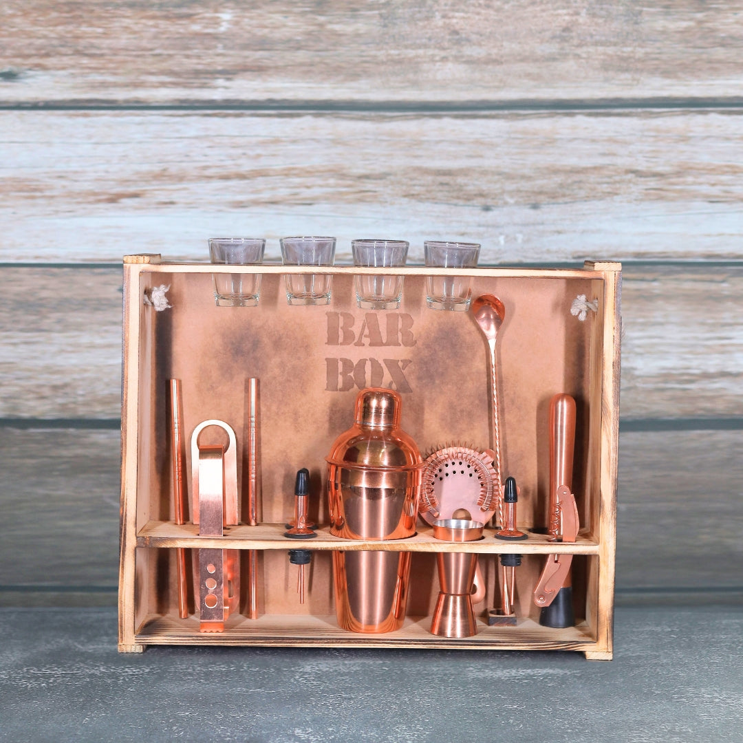 Home Bar Kit with Rustic Wood Wallmount Stand (19Pcs)(Rose Gold