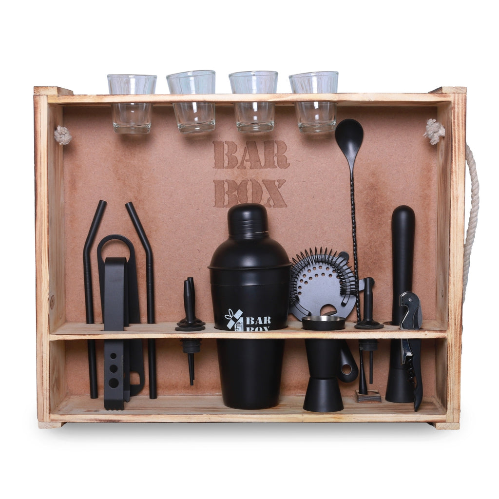 Home Bar with Rustic Wood Wall-mount Stand (19-Pcs)(Black Matte)