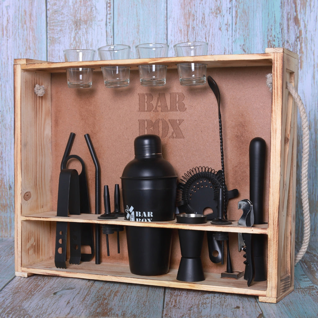 Home Bar with Rustic Wood Wall-mount Stand (19-Pcs)(Black Matte)