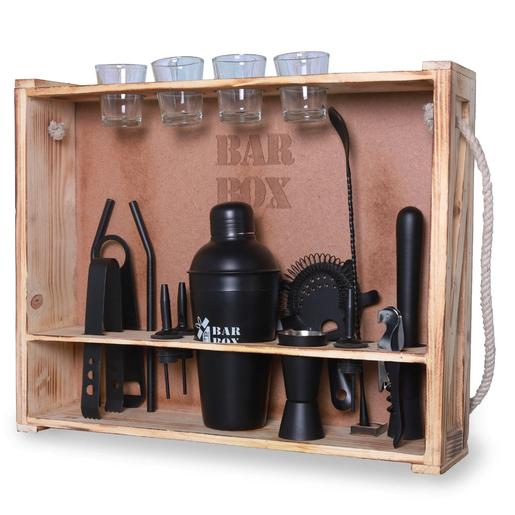 Home Bar with Rustic Wood Wall-mount Stand (19-Pcs)(Black Matte)