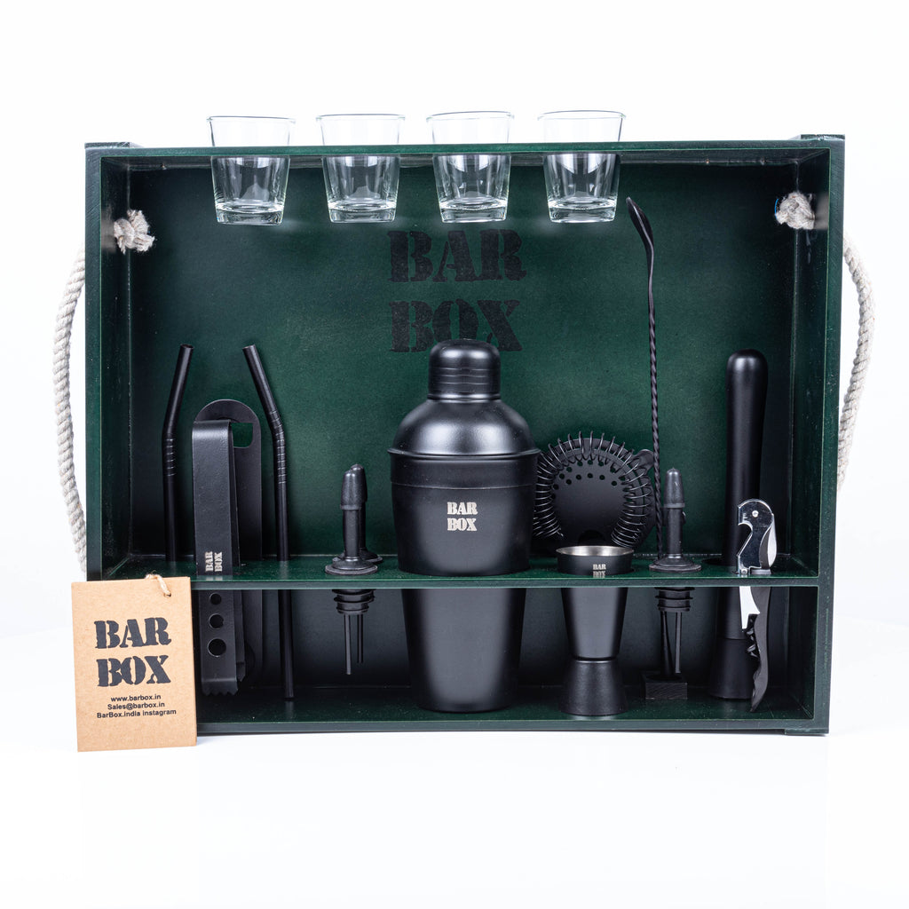 Home Bar Kit with Military Green Wall-mount Stand (19-Pcs) (Black Matte)