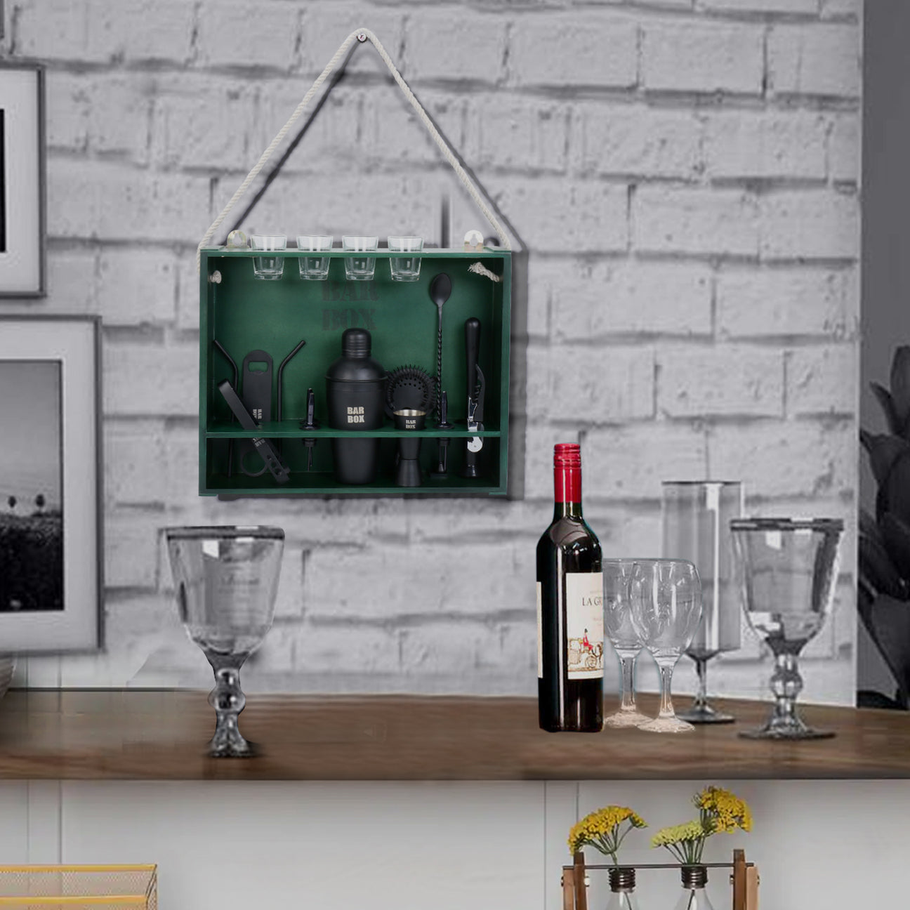 Home Bar Kit with Military Green Wall-mount Stand  19-Pcs Black Matte