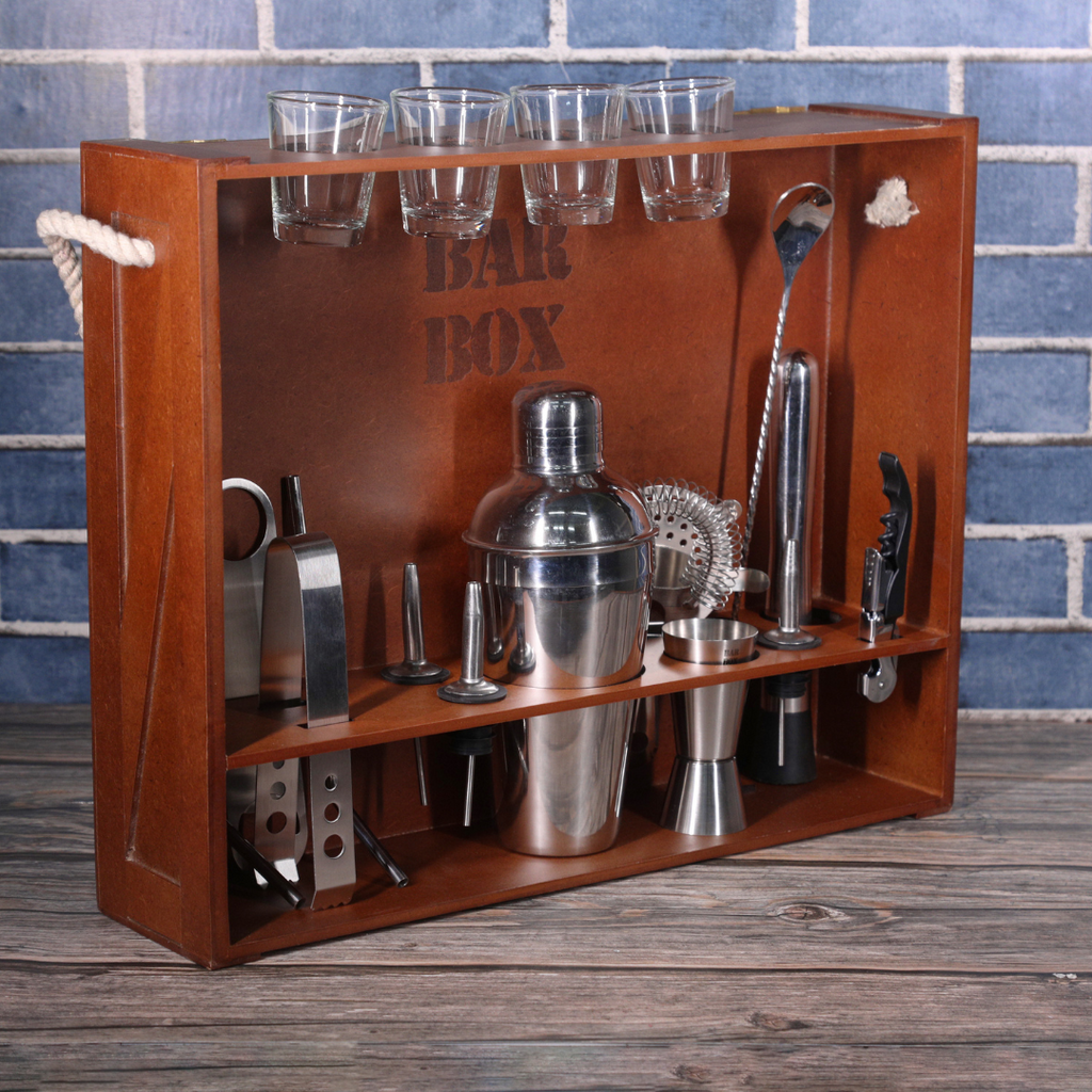 Home Bar with Brown Wood Wall-mount Stand (19-Pcs)(Stainless Steel)