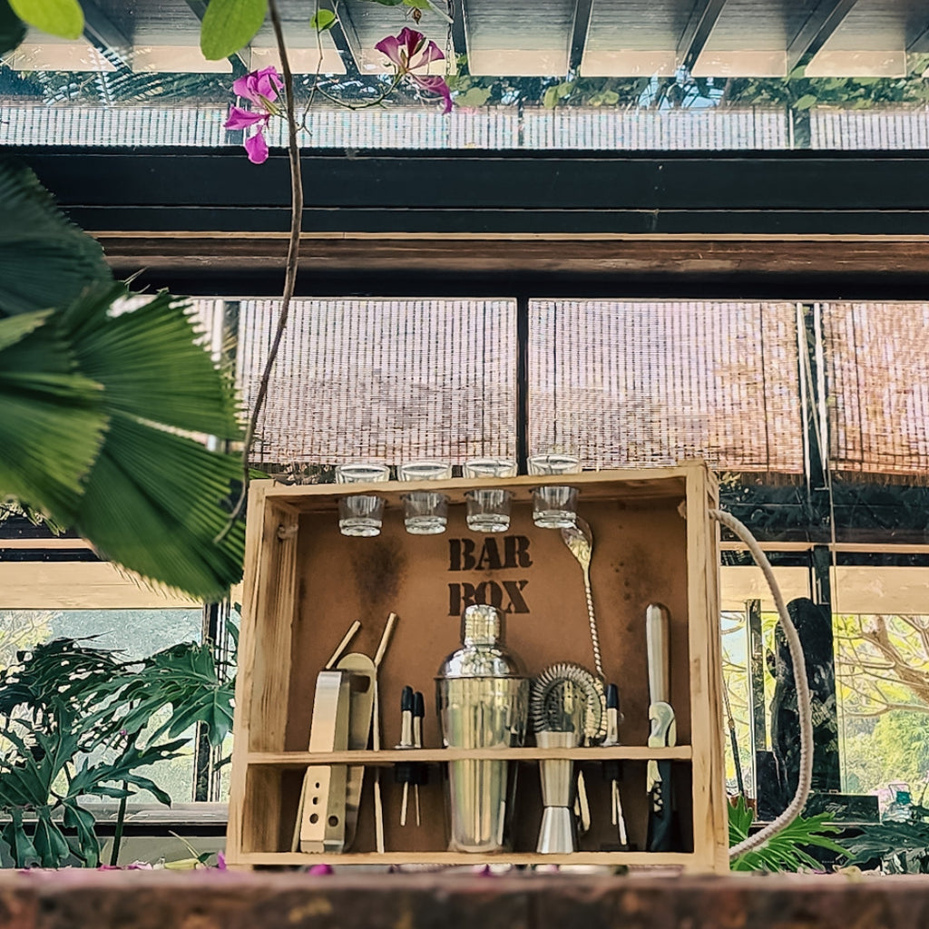 Home Bar with Rustic Wood Wall-mount Stand (19-Pcs)(Stainless Steel)