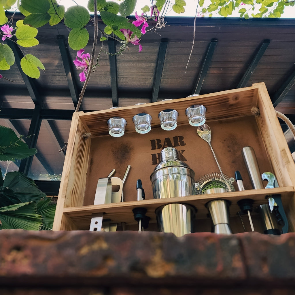 Home Bar with Rustic Wood Wall-mount Stand (19-Pcs)(Stainless Steel)