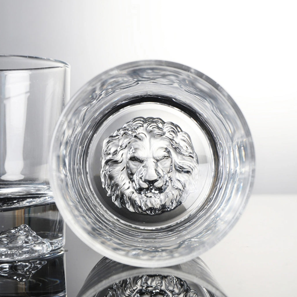 Lion whiskey glass Unique whiskey glass Whiskey tumbler with lion design Collectible lion themed whiskey glass Novelty whiskey glass Lion head whiskey glass Lion engraved whiskey glass Lion motif whiskey tumbler Lion-shaped whiskey glass Lion emblem whiskey glass