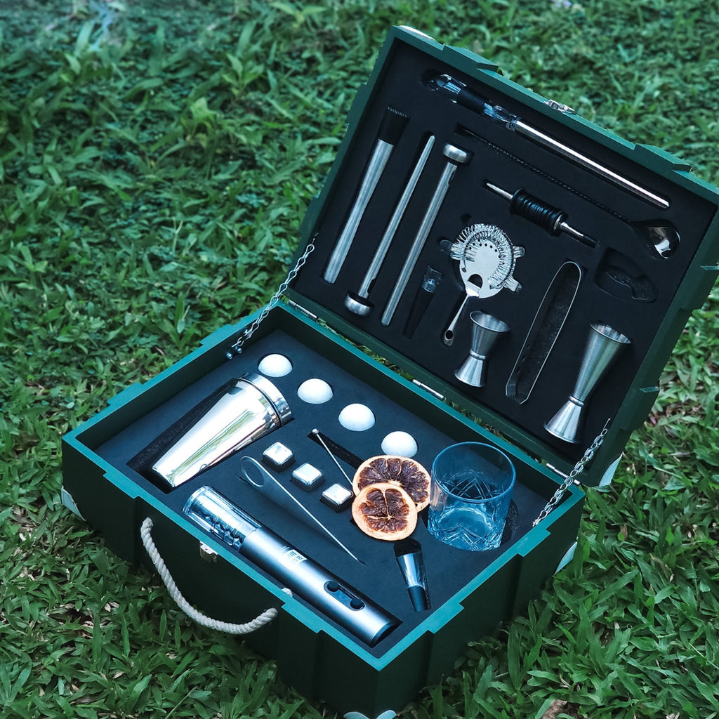 Standard Bartender Kit in Military Green Wooden Crate. (29-piece)(Silver)
