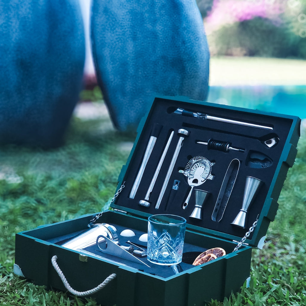 Standard Bartender Kit in Military Green Wooden Crate. (29-piece)(Silver)