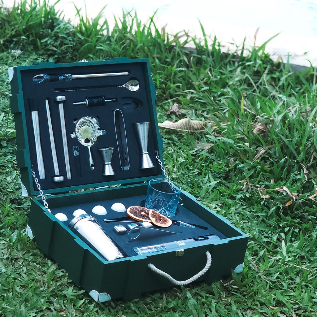 Standard Bartender Kit in Military Green Wooden Crate. (29-piece)(Silver)