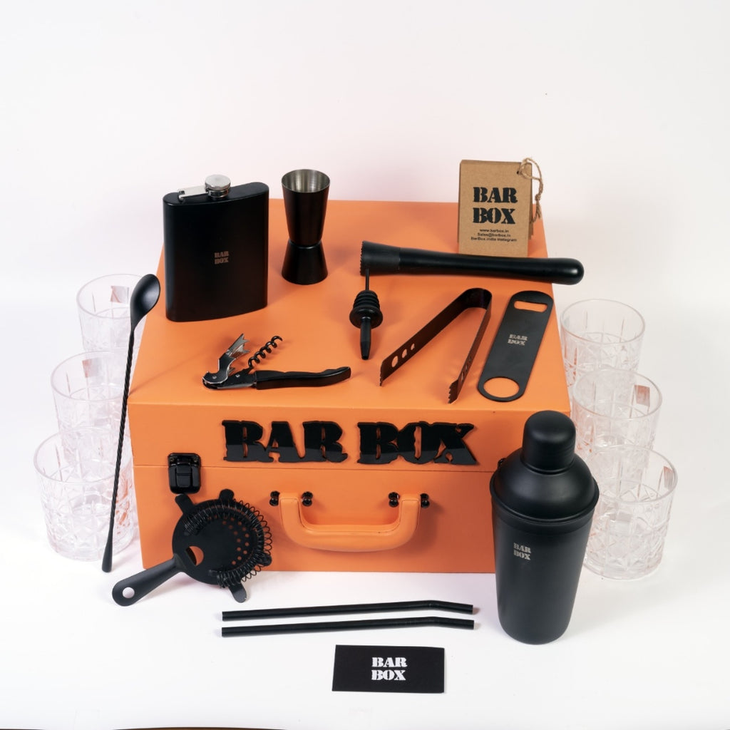 Bar Box Premium Travel Cocktail Bar Set 13 Piece Portable Bar Box Bartender Kit with Hip Flask,Cocktail Shaker Set and 6 Drink Glasses (Orange - Black Matte)