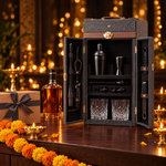 Grey portable bar cabinet styled for Diwali gifting