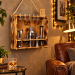 Rustic wall-mounted home bar in a living room