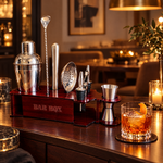 Cocktail shaker set on a mahogany bottle-shaped stand on a dining room sideboard