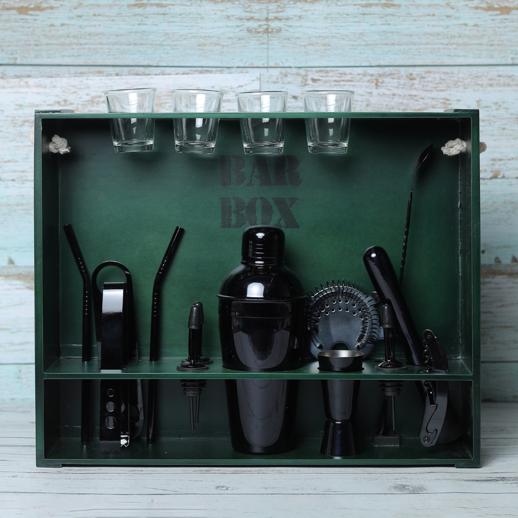 Home Bar Kit with Military Green Wall-mount Stand (19-Pcs) (Metallic Black)