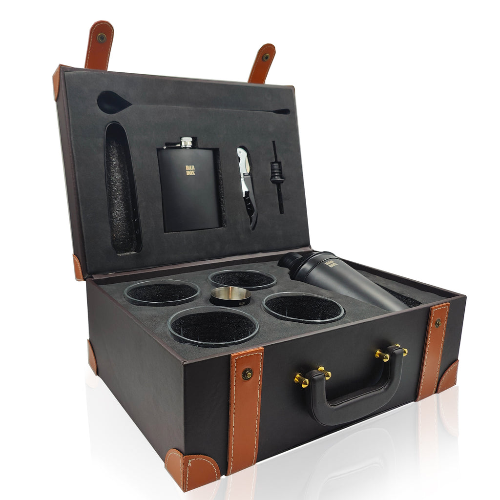 Bar Box Portable bar Set for Drinks Home with 4 Set of Whiskey Glass, Brown Leatherette bar kit with Black Matte bar Accessories and Cocktail Shaker Set