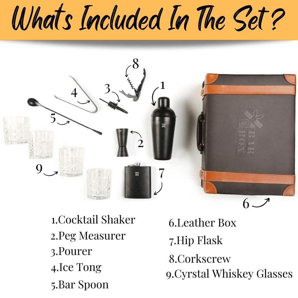 Bar Box Portable bar Set for Drinks Home with 4 Set of Whiskey Glass, Brown Leatherette bar kit with Black Matte bar Accessories and Cocktail Shaker Set