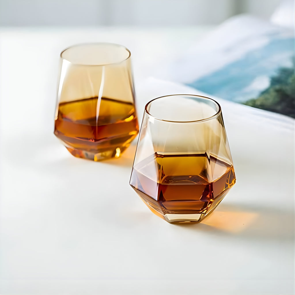 Products Bar Box Diamond Whiskey Glasses Golden Rim Set of 6 Water Juice Tumbler Tilted Scotch Glass 300ml Whisky Glass Modern Look Glassware for Bourbon/Rum/Bar Tumbler (Golden)