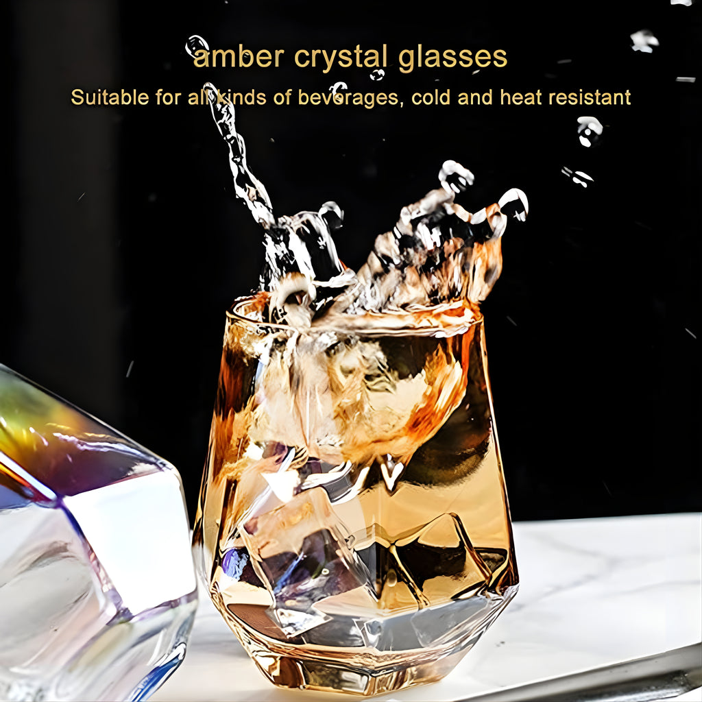 Products Bar Box Diamond Whiskey Glasses Golden Rim Set of 6 Water Juice Tumbler Tilted Scotch Glass 300ml Whisky Glass Modern Look Glassware for Bourbon/Rum/Bar Tumbler (Golden)