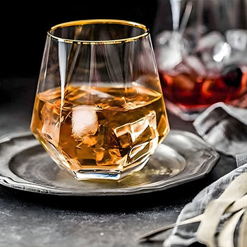 Bar Box Diamond Whiskey Glasses Golden Rim Set of 6 Water Juice Tumbler Tilted Scotch Glass 300ml Whisky Glass Modern Look Glassware for Bourbon/Rum/Bar Tumbler (Transparent)