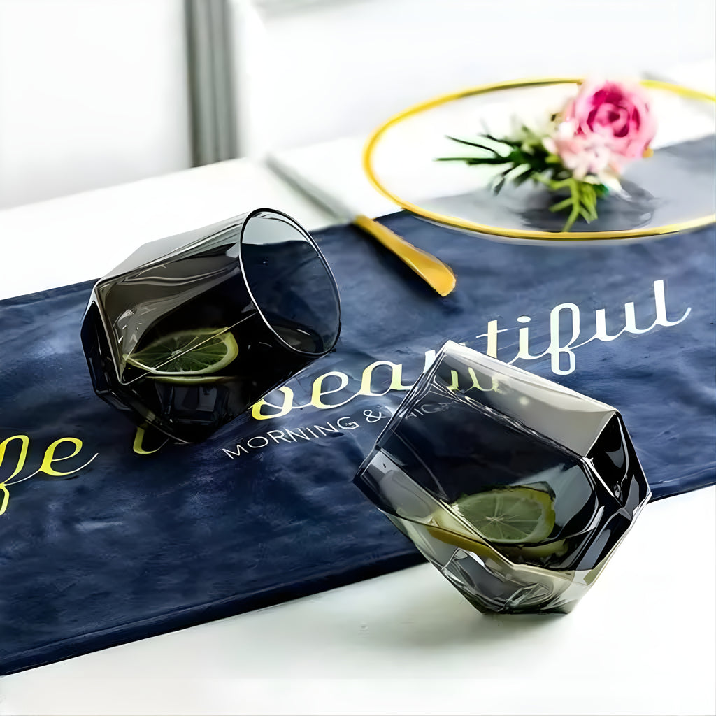 Bar Box Diamond Whiskey Glasses Golden Rim Set of 6 Water Juice Tumbler Tilted Scotch Glass 300ml Whisky Glass Modern Look Glassware for Bourbon/Rum/Bar Tumbler (Black)