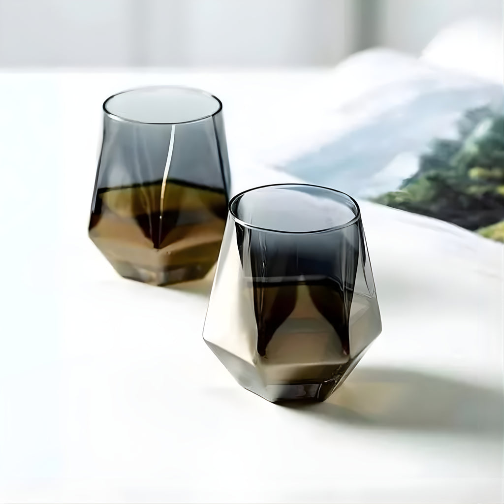 Bar Box Diamond Whiskey Glasses Golden Rim Set of 6 Water Juice Tumbler Tilted Scotch Glass 300ml Whisky Glass Modern Look Glassware for Bourbon/Rum/Bar Tumbler (Black)