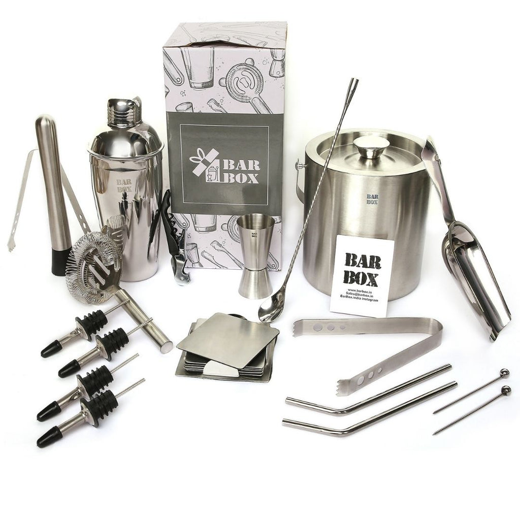 Bar Box 17 PCS Cocktail Shaker Set Food Grade Stainless Steel Bartender Kit Bar Set with Ice Bucket Set and Coasters