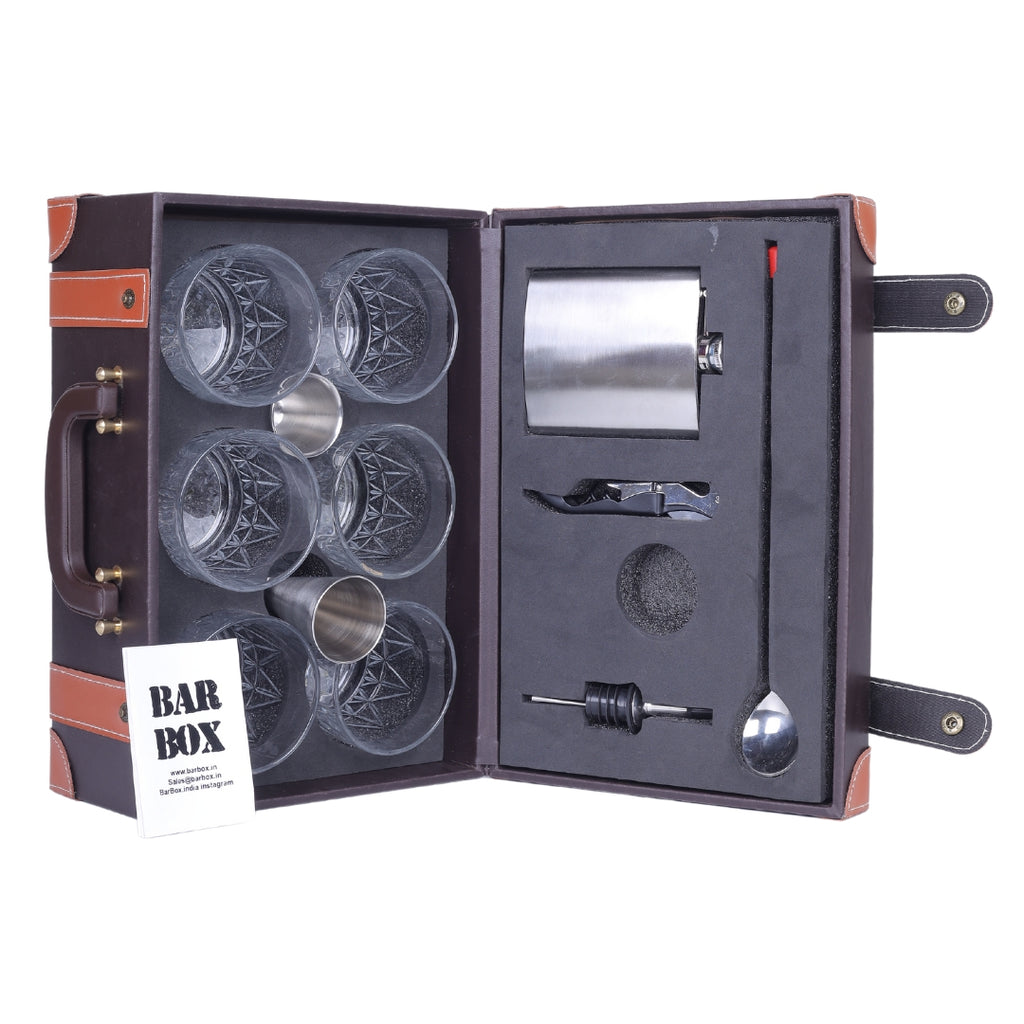 BarBoxPortablebarSetforDrinksHomewith6SetofWhiskeyGlass_BrownLeatherettebarkitwithStainlessSteelbarAccessoriesandCocktailShakerSet6