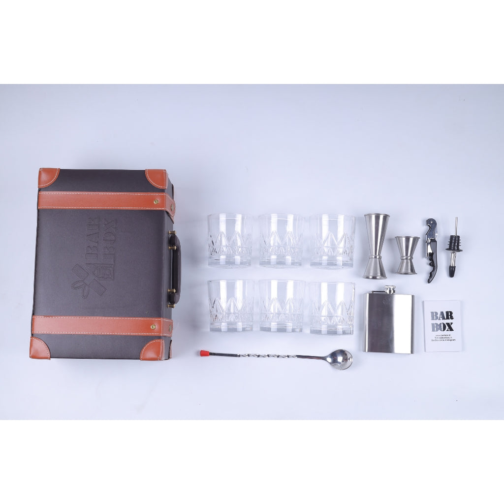 BarBoxPortablebarSetforDrinksHomewith6SetofWhiskeyGlass_BrownLeatherettebarkitwithStainlessSteelbarAccessoriesandCocktailShakerSet7