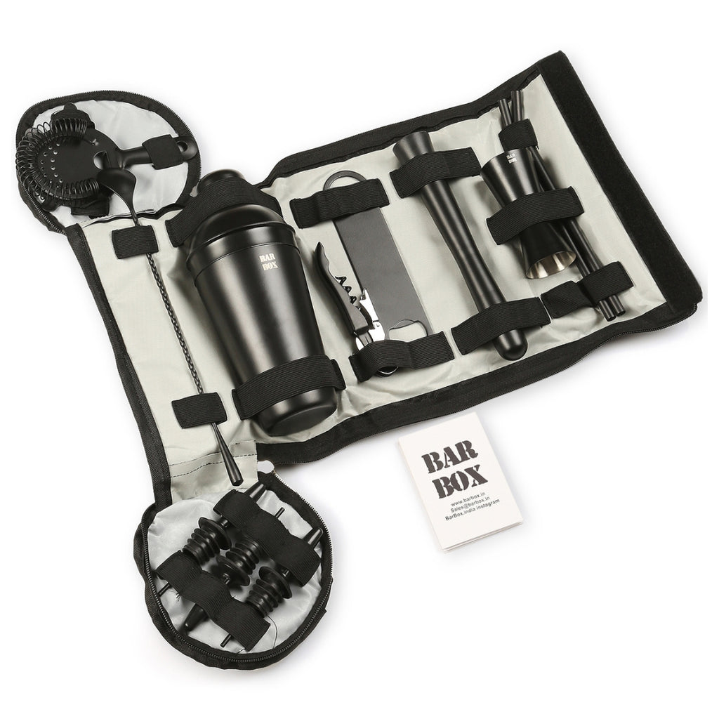     BarBoxTravelKitBag_EasytoCarryPortableMinibarLiquorToolSet_Grey-BlackMatte