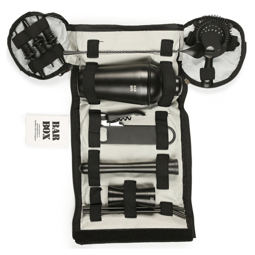     BarBoxTravelKitBag_EasytoCarryPortableMinibarLiquorToolSet_Grey-BlackMatte