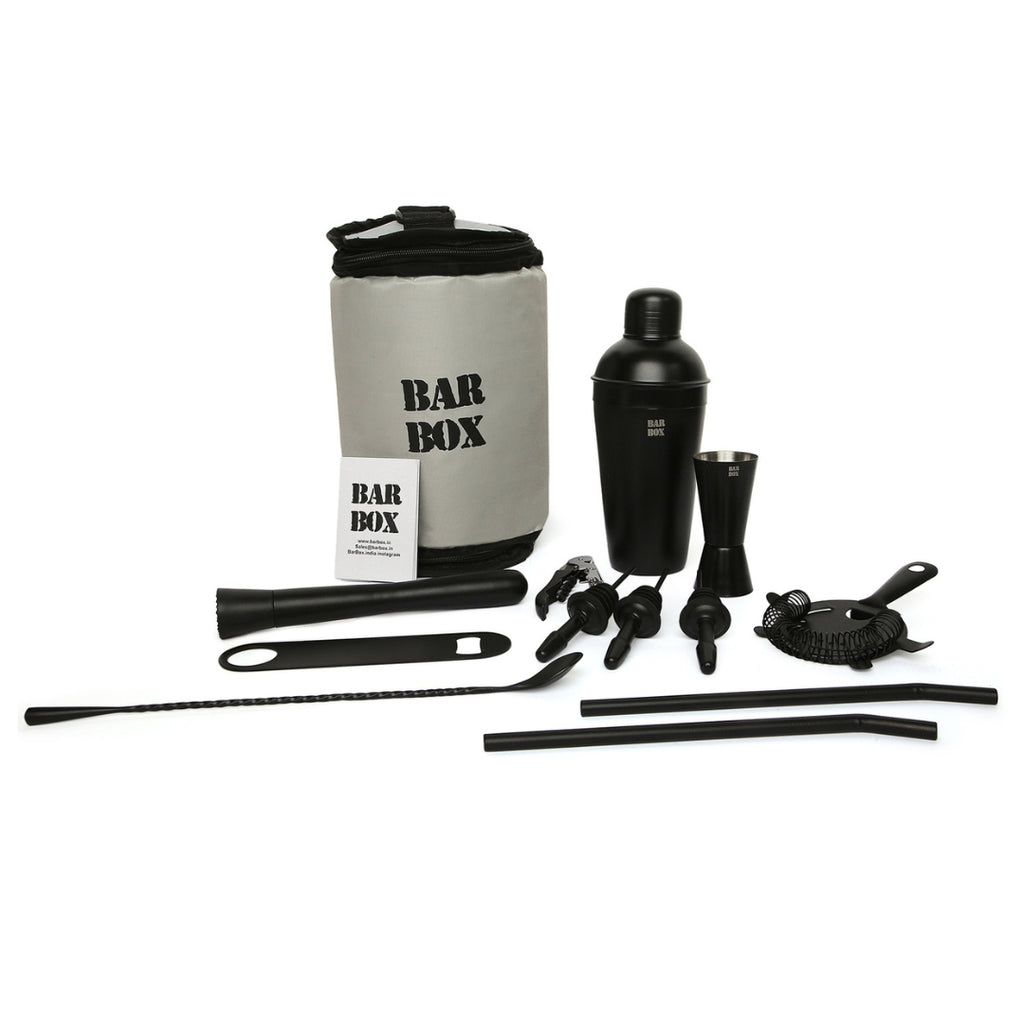     BarBoxTravelKitBag_EasytoCarryPortableMinibarLiquorToolSet_Grey-BlackMatte