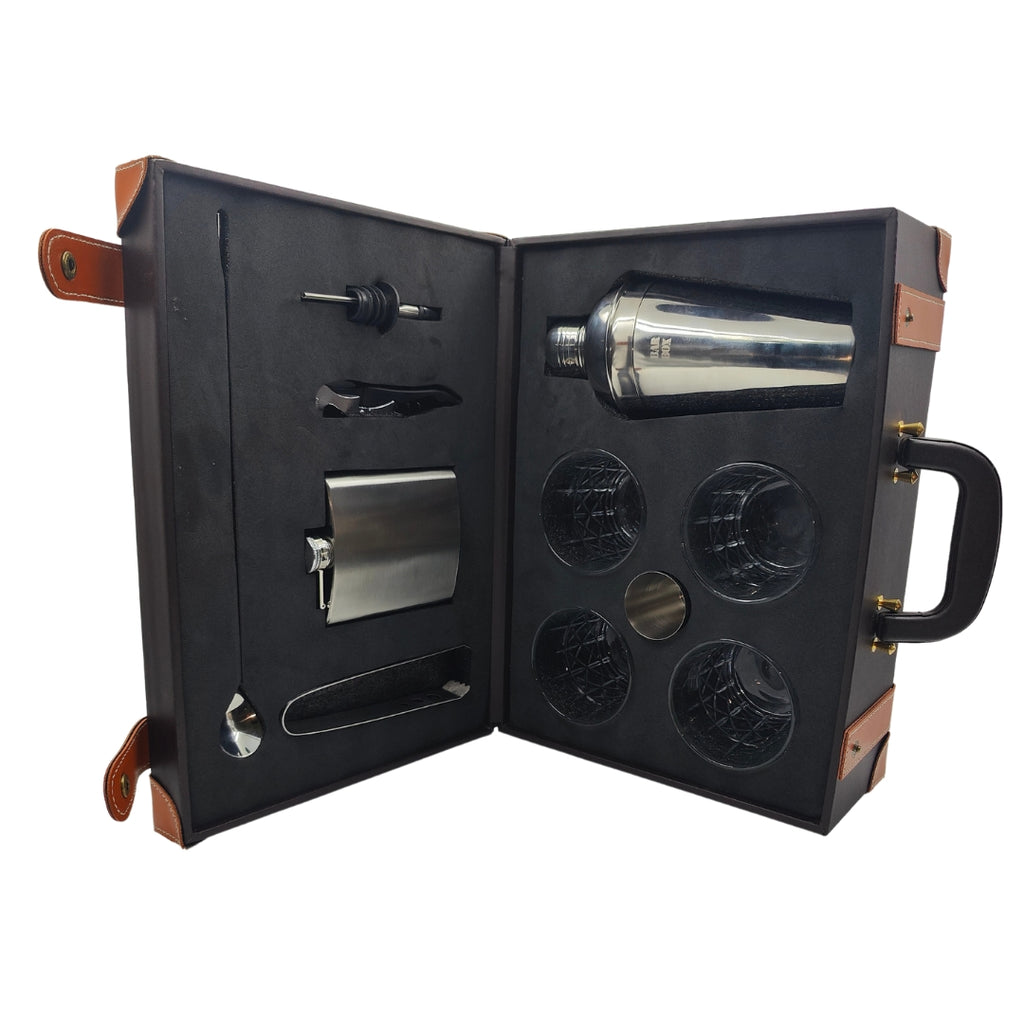 BarBoxportablebarsetfordrinkshomewith4Setofwhiskeyglass_BrownleatherettebarkitwithStainlessSteelbaraccessoriesandcocktailshakerset3