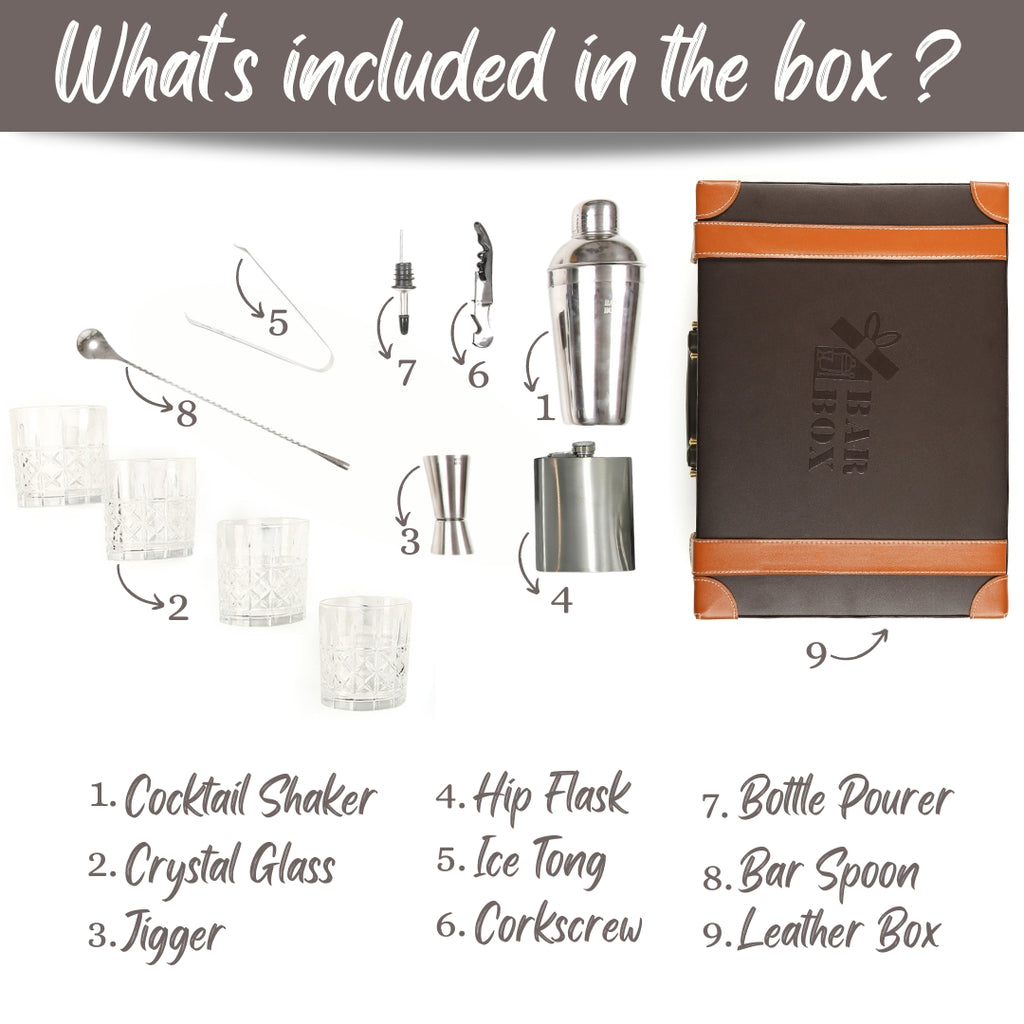 BarBoxportablebarsetfordrinkshomewith4Setofwhiskeyglass_BrownleatherettebarkitwithStainlessSteelbaraccessoriesandcocktailshakerset5