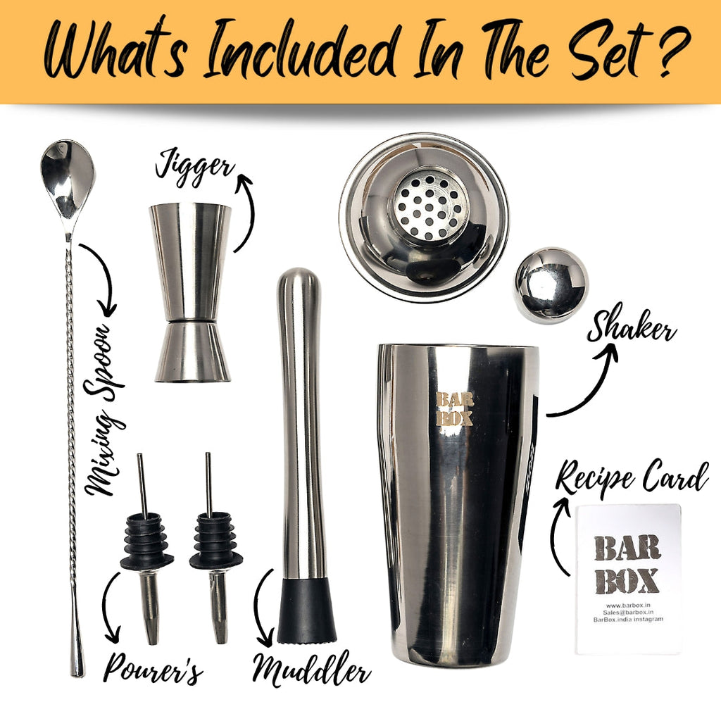 Bar Box Cocktail & Barware Tool Sets 7 Pcs Cocktail Shaker Set | Steel Bartender Kit Bar Set