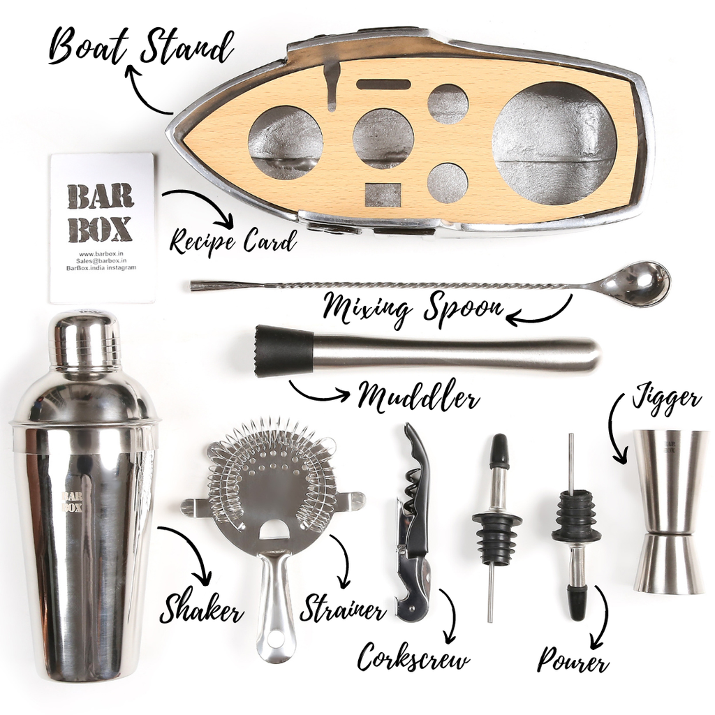 Bar Box 8-Piece Cocktail Shaker Set with Boat Shaped Stand - Bar Tools | Bartender Kit