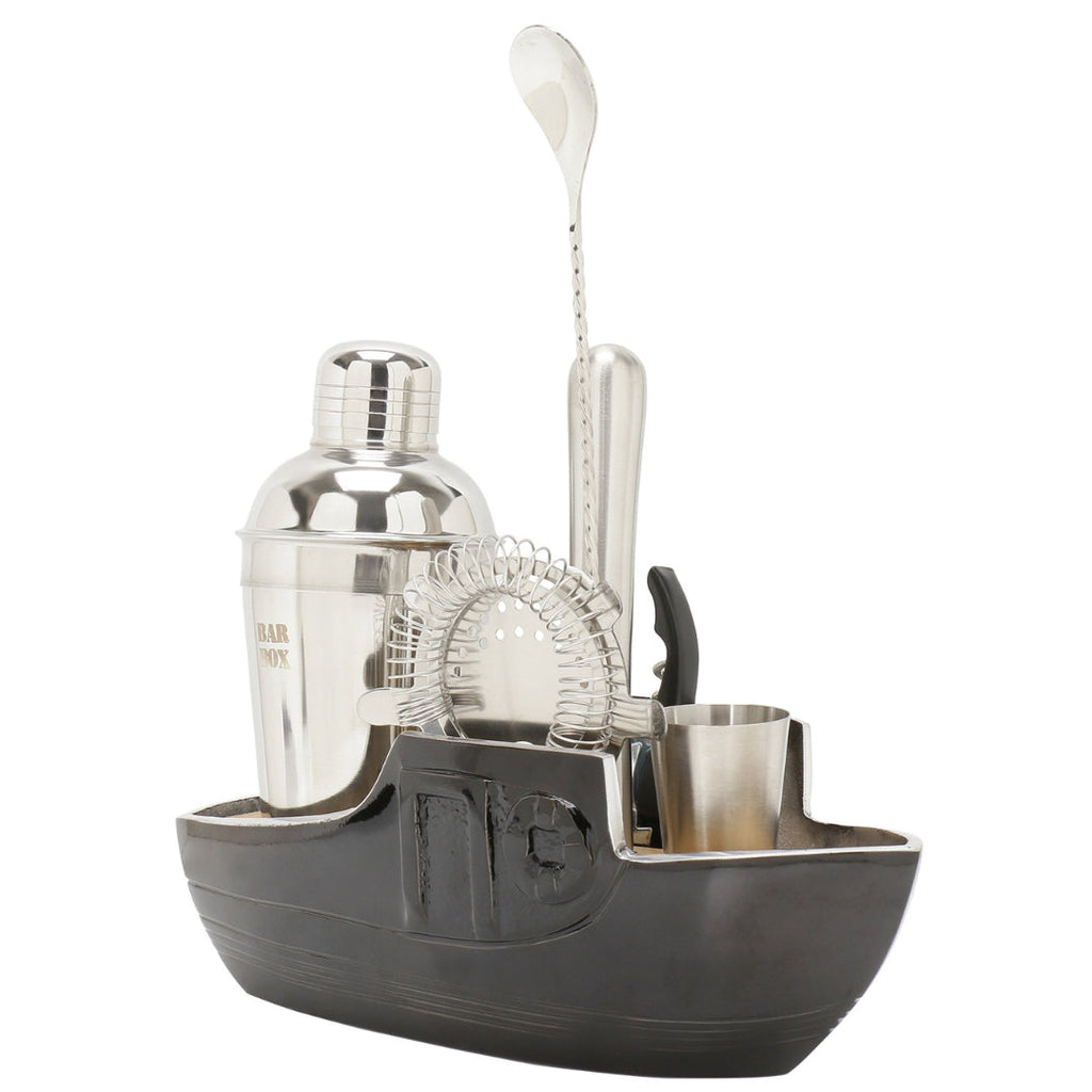 Bar Box 8-Piece Cocktail Shaker Set with Boat Shaped Stand - Bar Tools | Bartender Kit