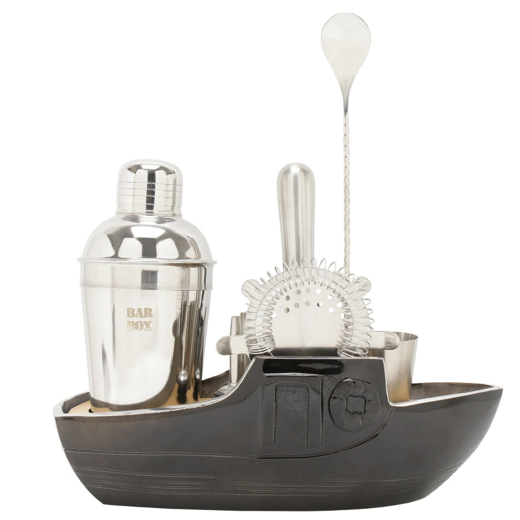 Bar Box 8-Piece Cocktail Shaker Set with Boat Shaped Stand - Bar Tools | Bartender Kit